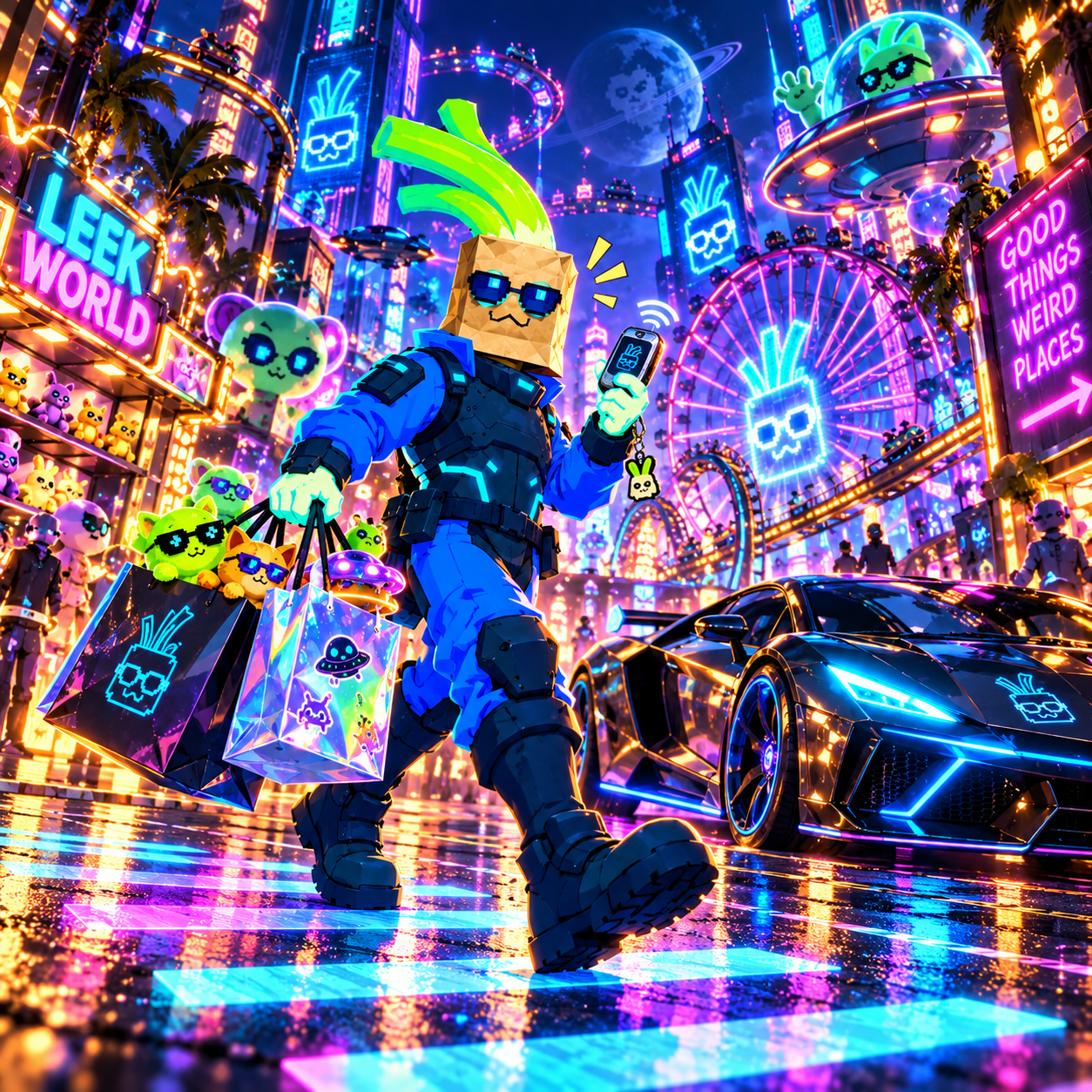 Z CyberLeek shopping in a neon-lit amusement city beside a sports car